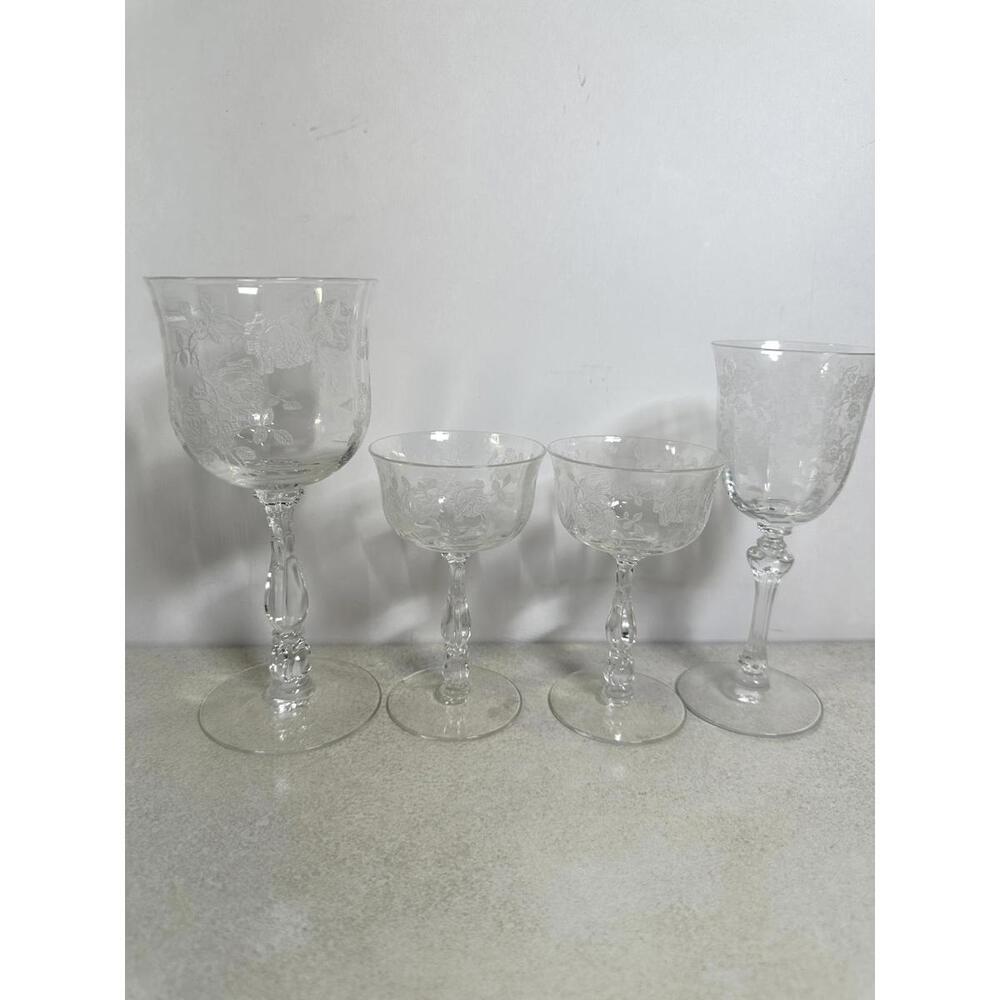 VTG 1930s Fostoria Willowmere Etched Crystal Stemware Set Floral
